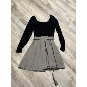 Black Long Sleeve Mini Dress Gingham Skirt Tie Waist Casual Party